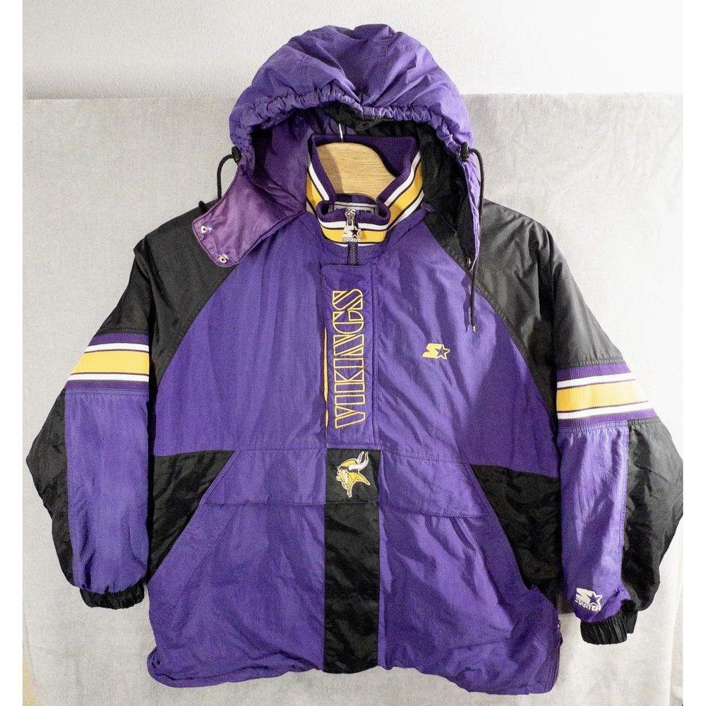 Vtg Starter NFL Pro Line Minnesota Vikings Puffer Anorak Hooded Jacket XXL *Read
